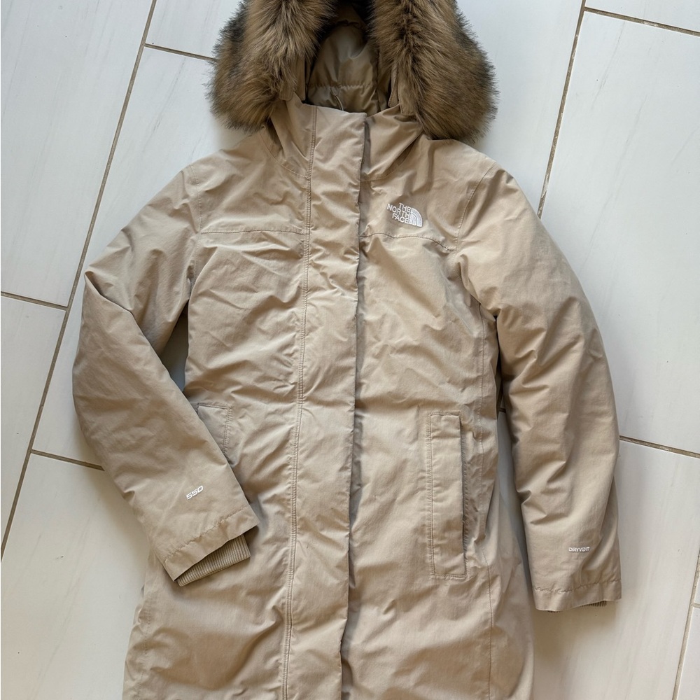 The North Face Women's Beige Parka Jacket with Fur Hood